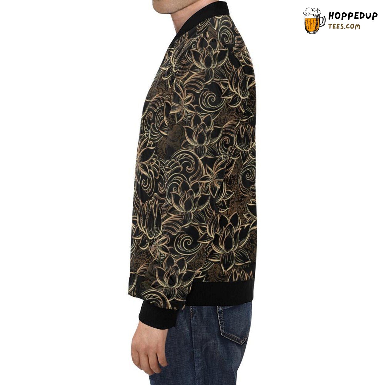 Men’s Bomber Jacket in Golden Lotus Pattern Print Design Theme