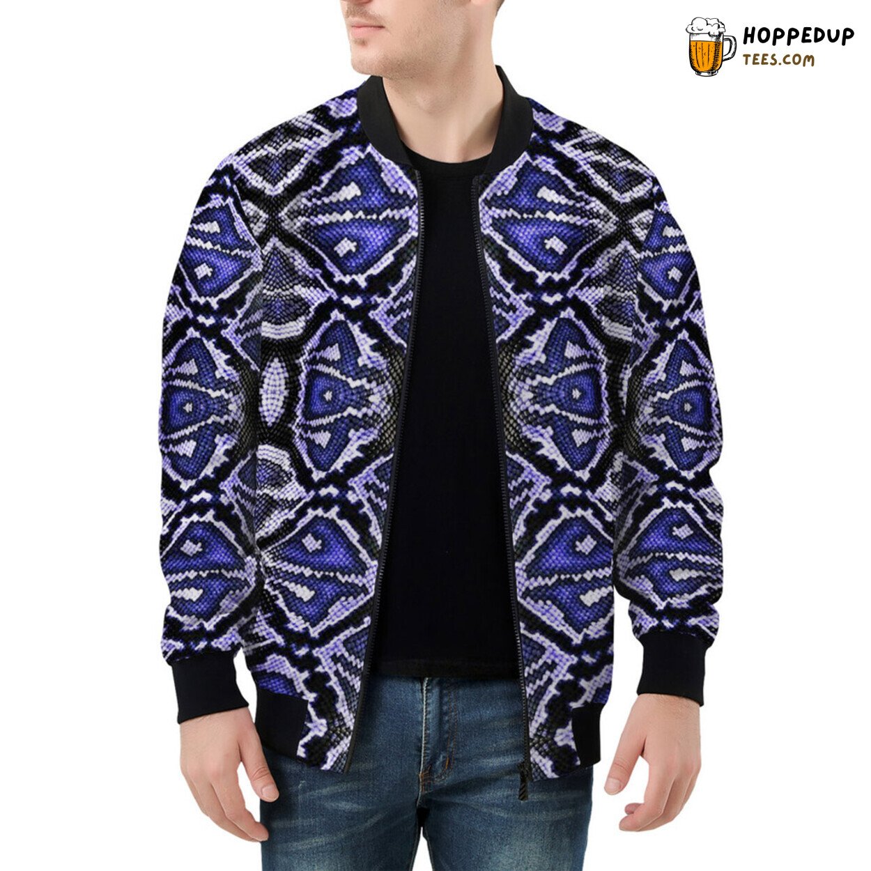 Men’s Bomber Jacket in Rich Blue Showcasing Snake Design Pattern