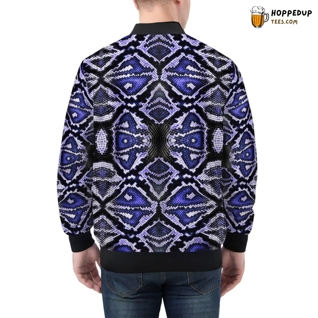 Men’s Bomber Jacket in Rich Blue Showcasing Snake Design Pattern