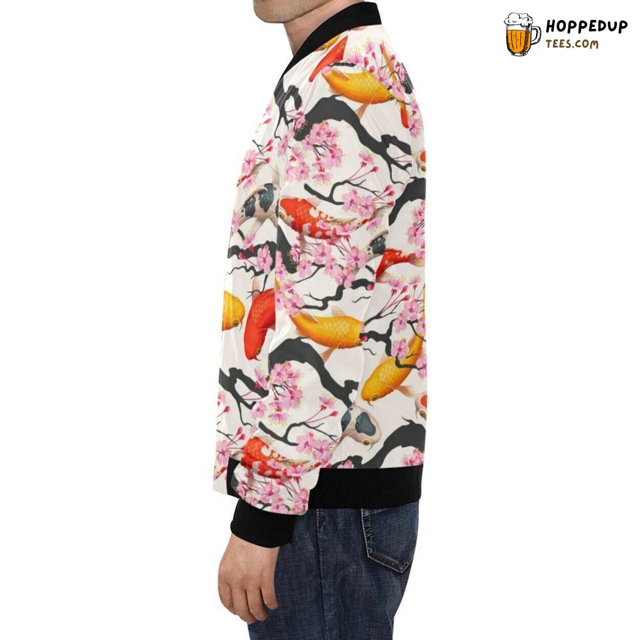 Men’s Bomber Jacket Inspired by Cherry Blossom & Koi Fish Pattern Print