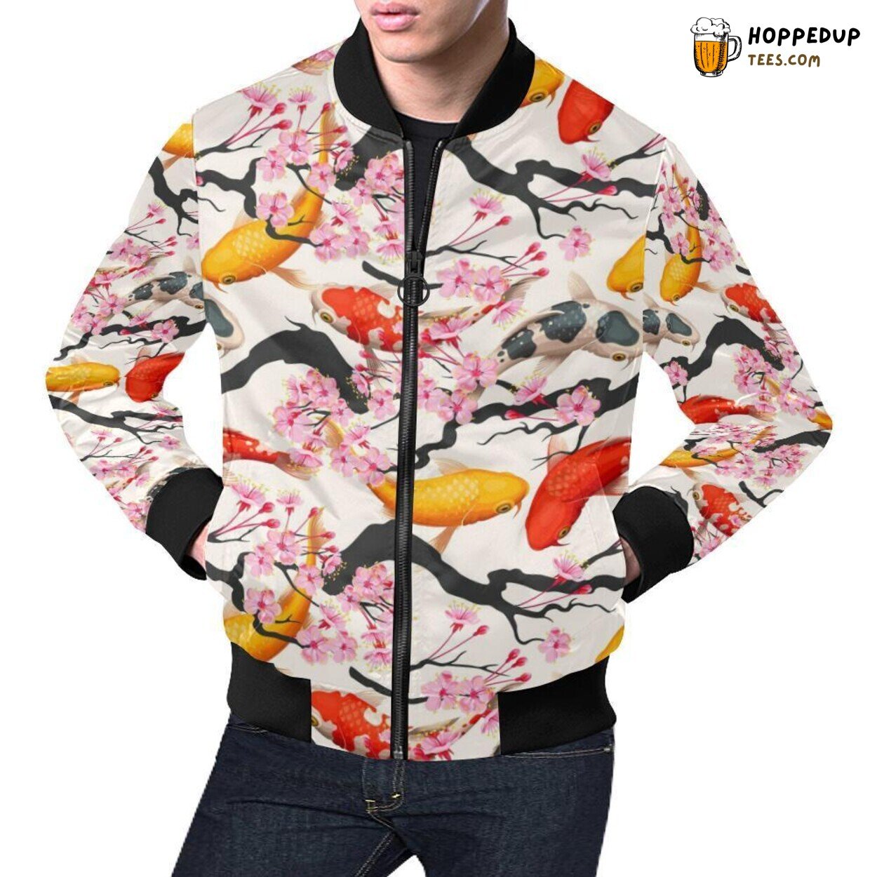 Men’s Bomber Jacket Inspired by Cherry Blossom & Koi Fish Pattern Print