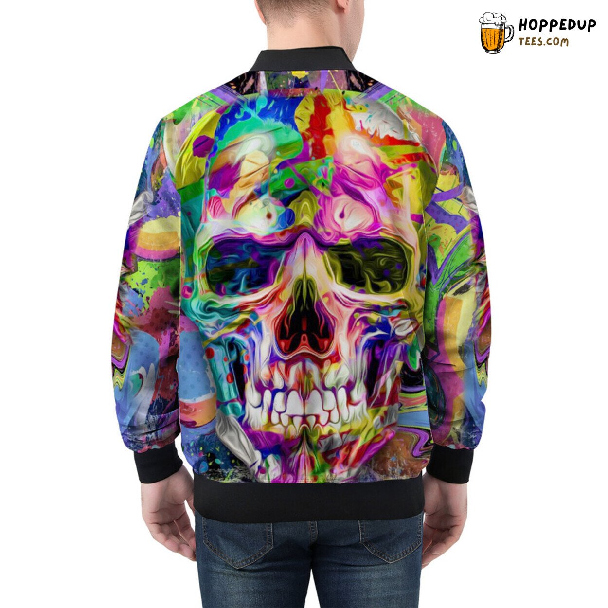 Men’s Bomber Jacket Painted in Edgy Skull Graffiti Mastery