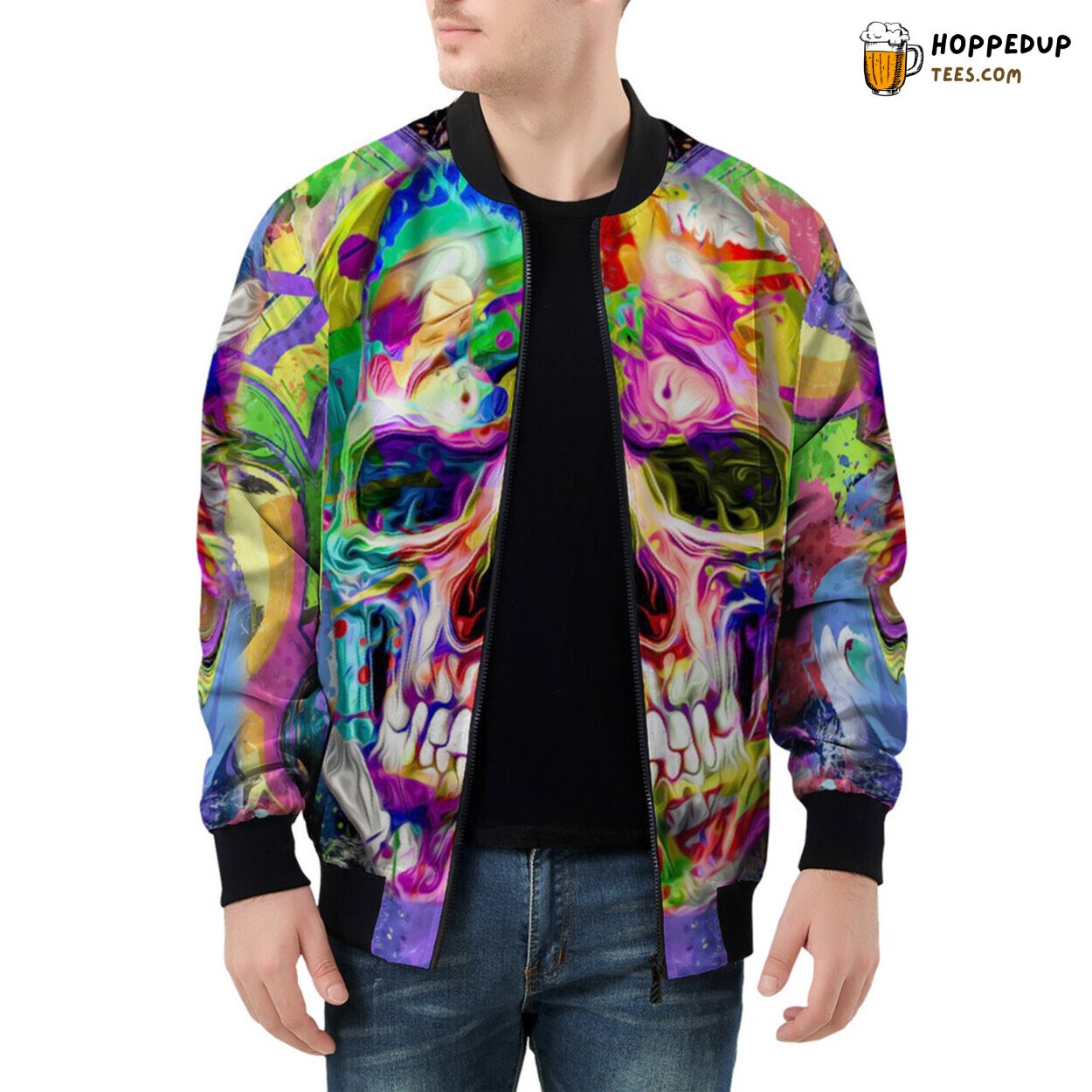 Men’s Bomber Jacket Painted in Edgy Skull Graffiti Mastery Men’s Bomber Jacket Painted in Edgy Skull Graffiti Mastery