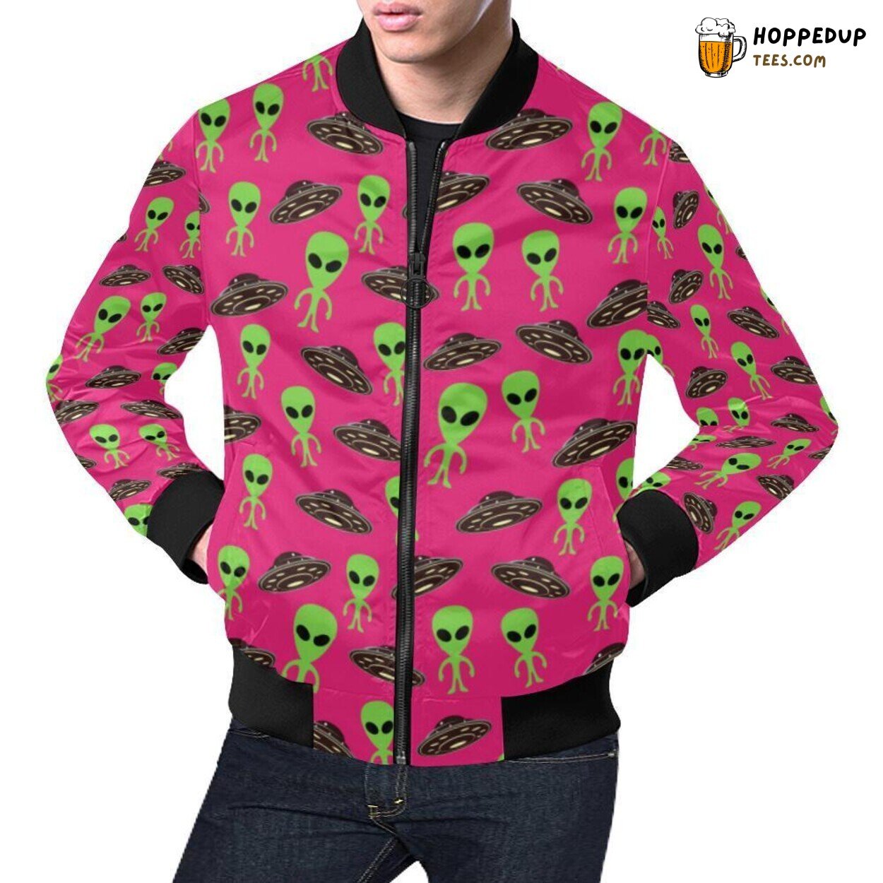 Men’s Bomber Jacket Pink Alien Ufo Design Pattern Print Distinct Look Men’s Bomber Jacket Pink Alien Ufo Design Pattern Print Distinct Look