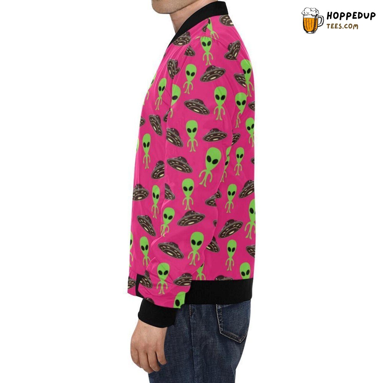 Men’s Bomber Jacket Pink Alien Ufo Design Pattern Print Distinct Look