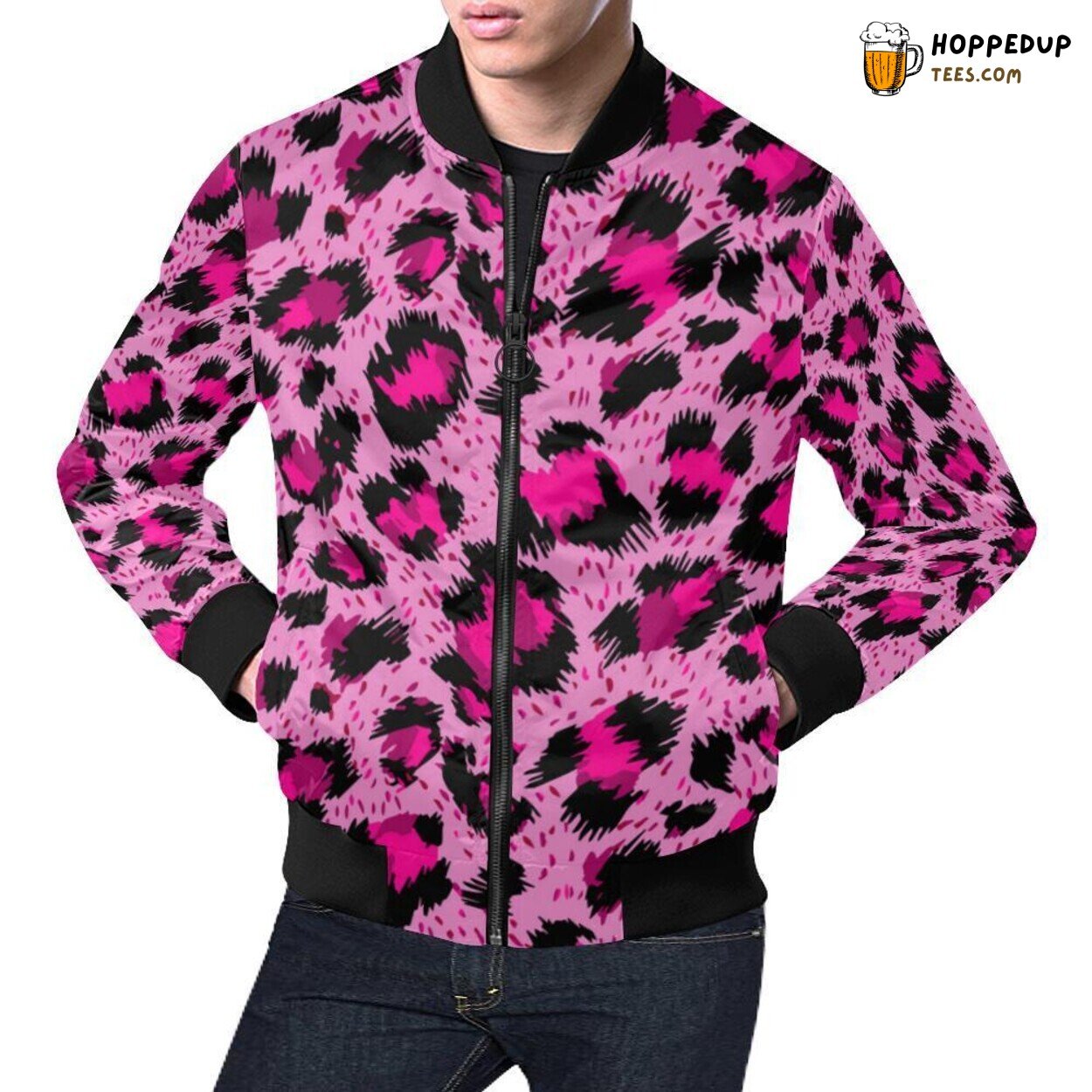 Men’s Bomber Jacket Pink Cheetah Leopard Pattern Exclusive Fashion Design Men’s Bomber Jacket Pink Cheetah Leopard Pattern Exclusive Fashion Design