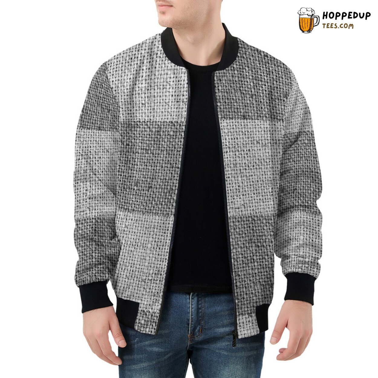 Men’s Bomber Jacket Puts Gray Burlap Artistic Patterns on Show