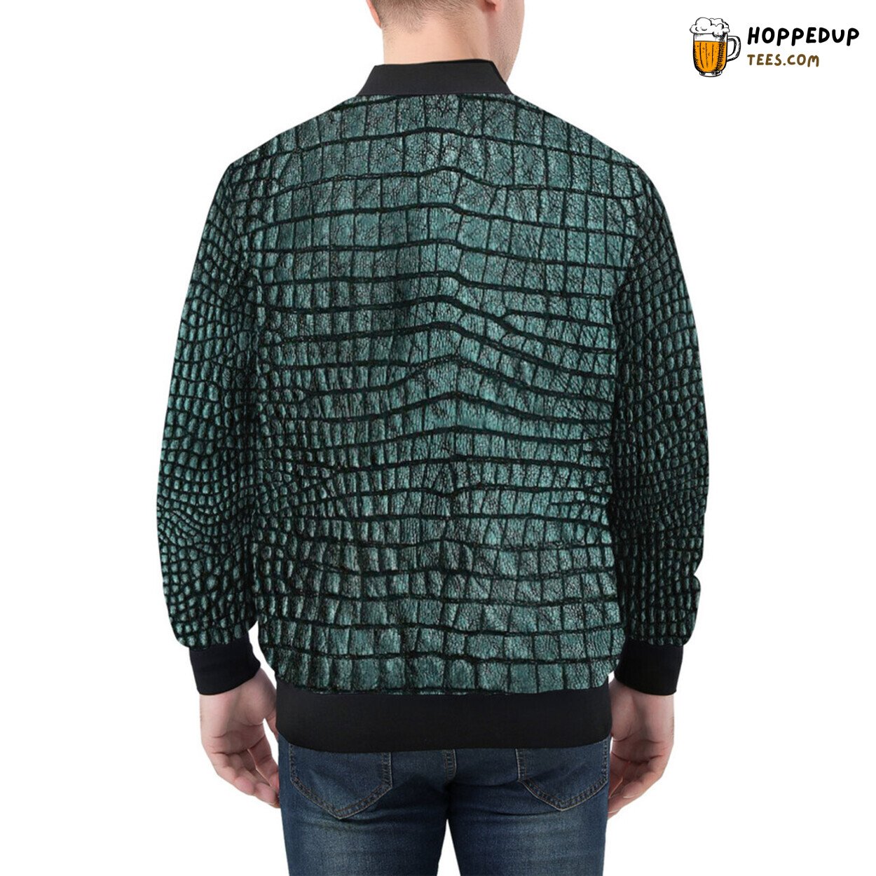 Men’s Bomber Jacket Showcases an Intricate Alligator Design Pattern
