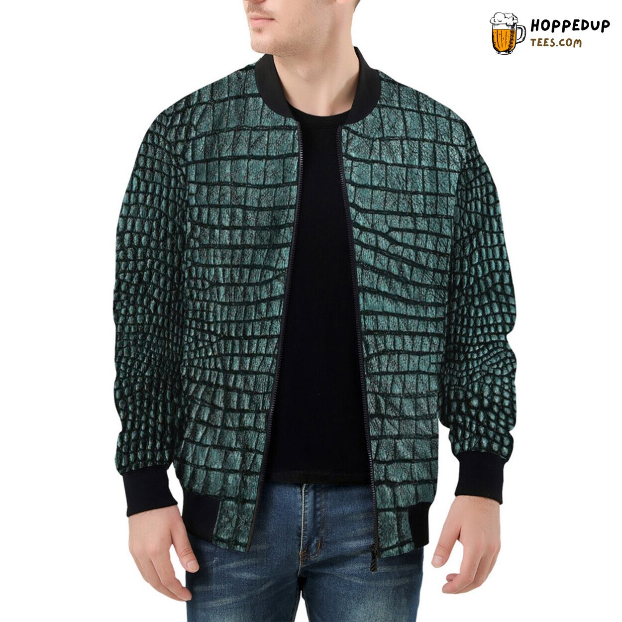 Men’s Bomber Jacket Showcases an Intricate Alligator Design Pattern