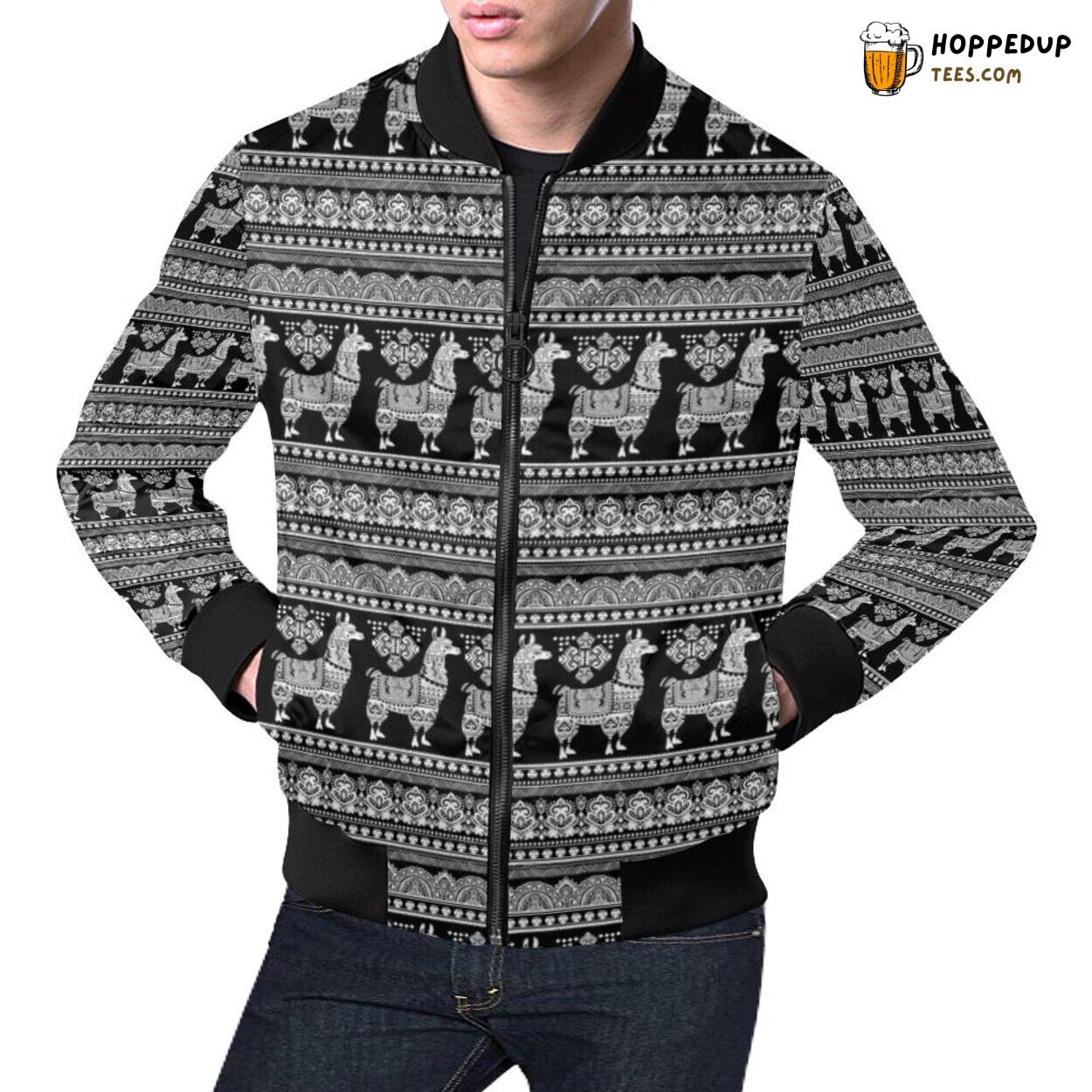 Men’s Bomber Jacket Showcasing Aztec Llama Pattern Print Design