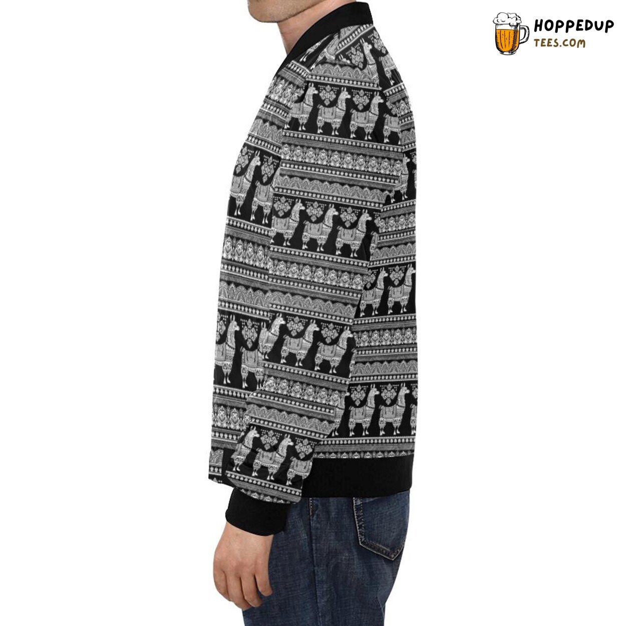 Men’s Bomber Jacket Showcasing Aztec Llama Pattern Print Design