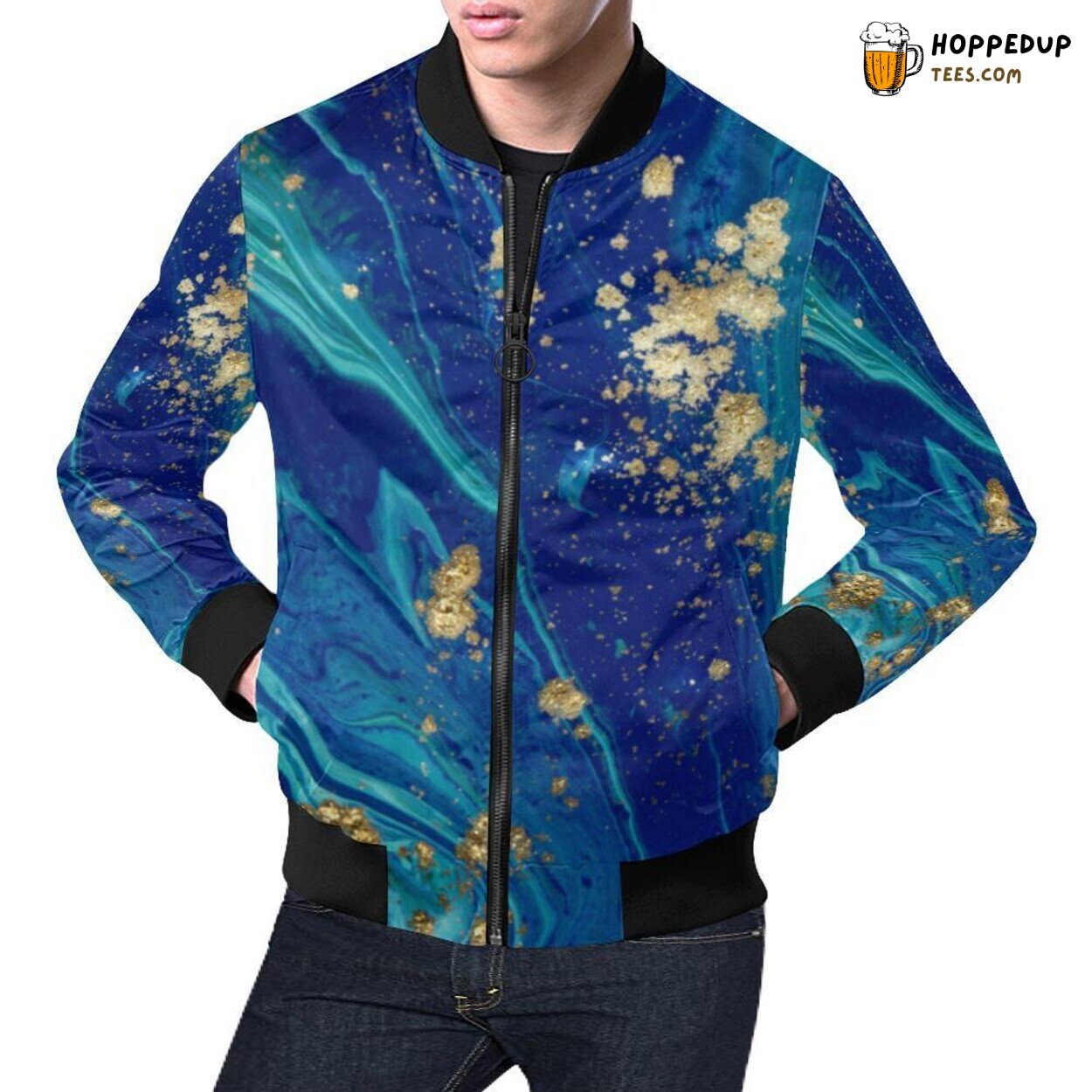 Men’s Bomber Jacket Showcasing Blue Marble Pattern Print Design