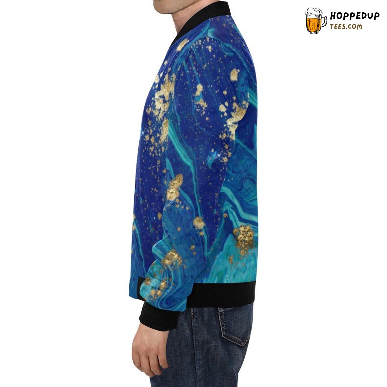 Men’s Bomber Jacket Showcasing Blue Marble Pattern Print Design