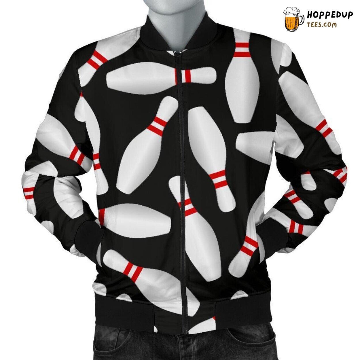 Men’s Bomber Jacket Showcasing Bowling Passion Unique Pattern Design Display