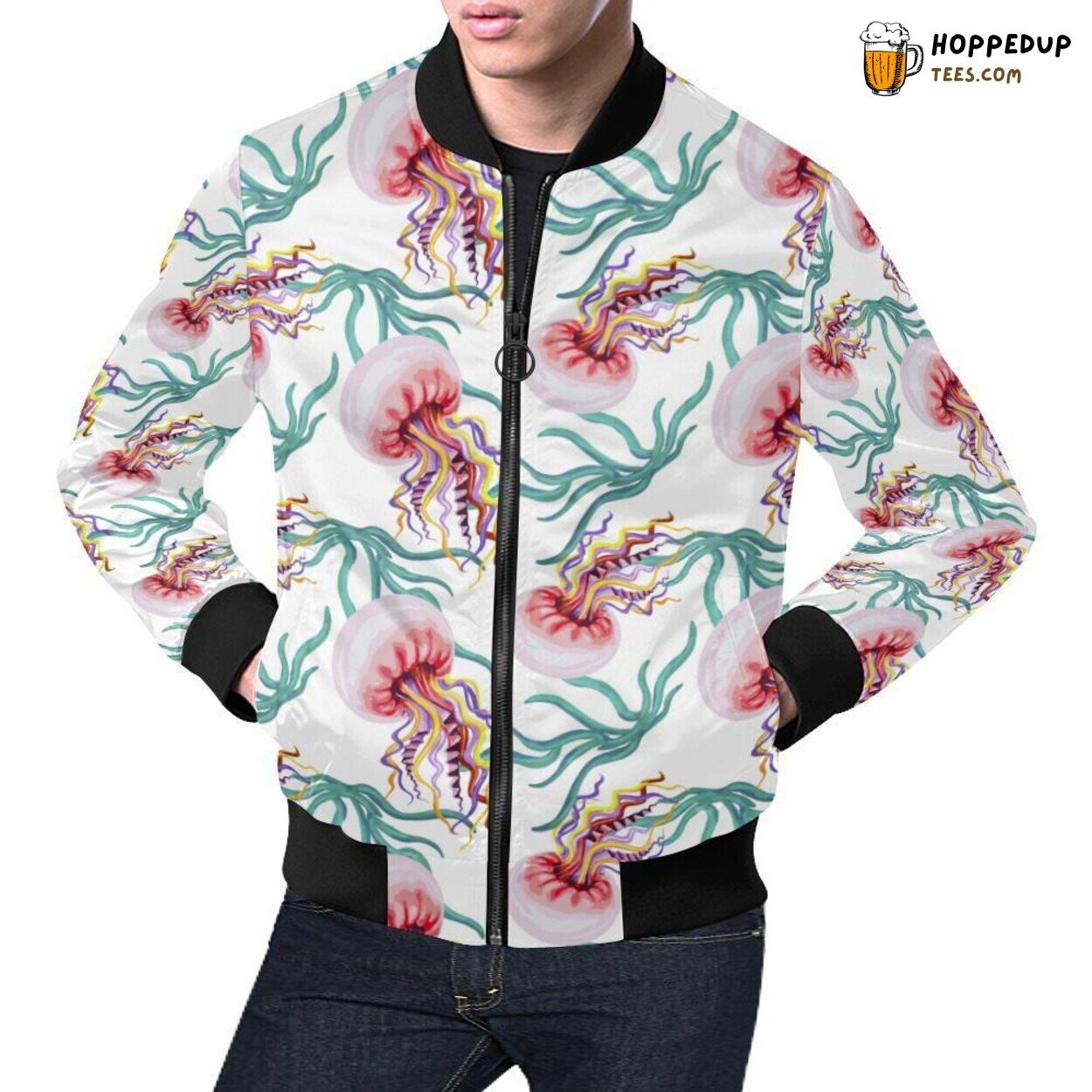Men’s Bomber Jacket Showcasing Cartoon Jellyfish Inspired Print