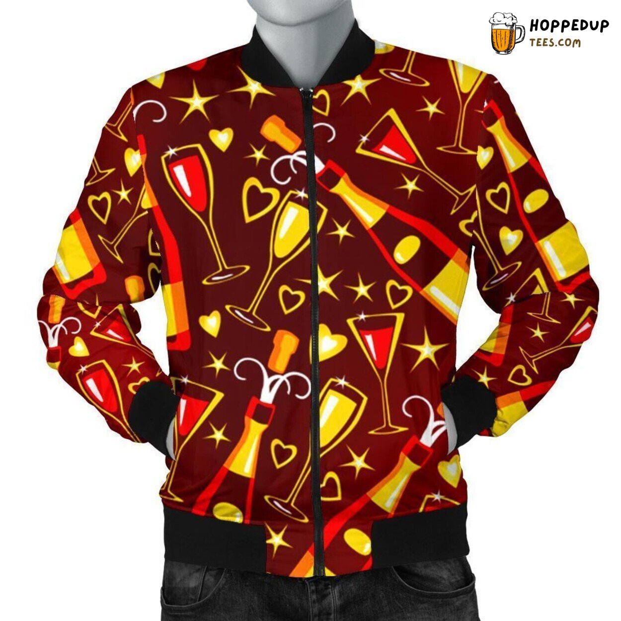Men’s Bomber Jacket Showcasing Champagne Magic Unique Pattern Design Display