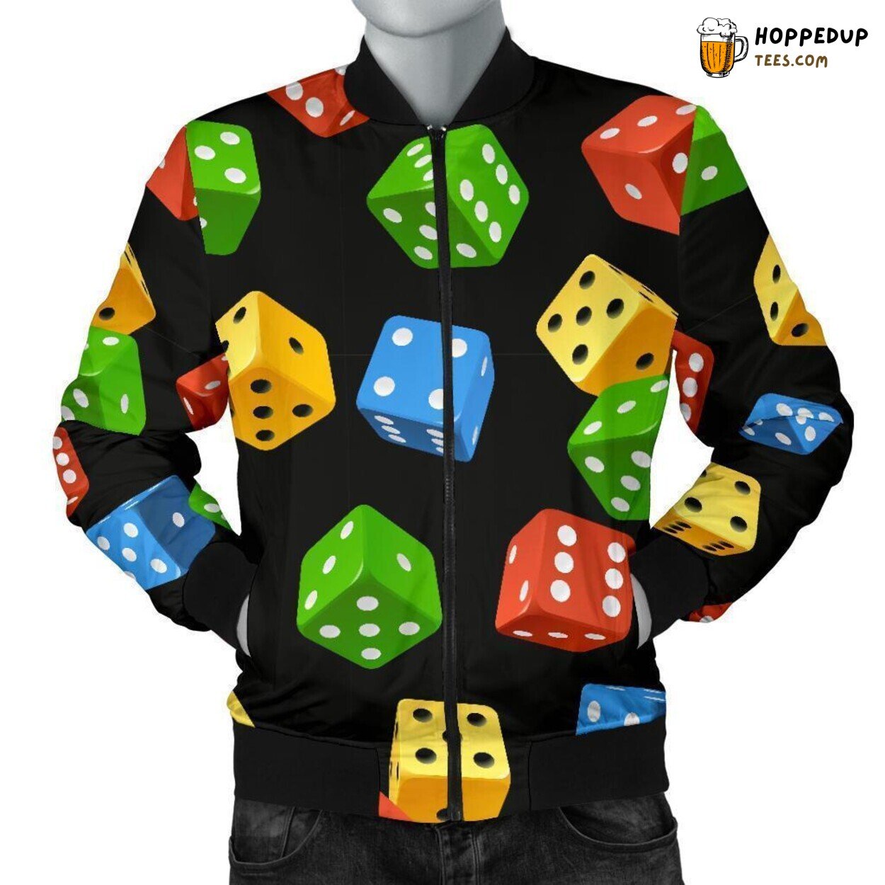 Men’s Bomber Jacket Showcasing Colorful Dice Pattern Essence Unique Design