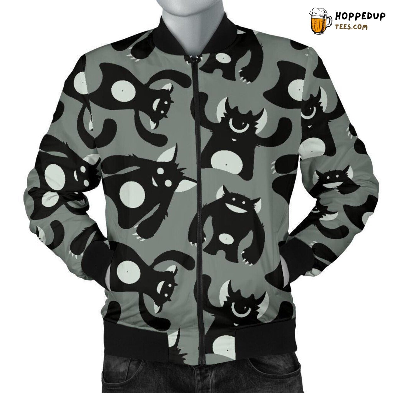 Men’s Bomber Jacket Showcasing Elusive Black Bigfoot Unique Pattern Display