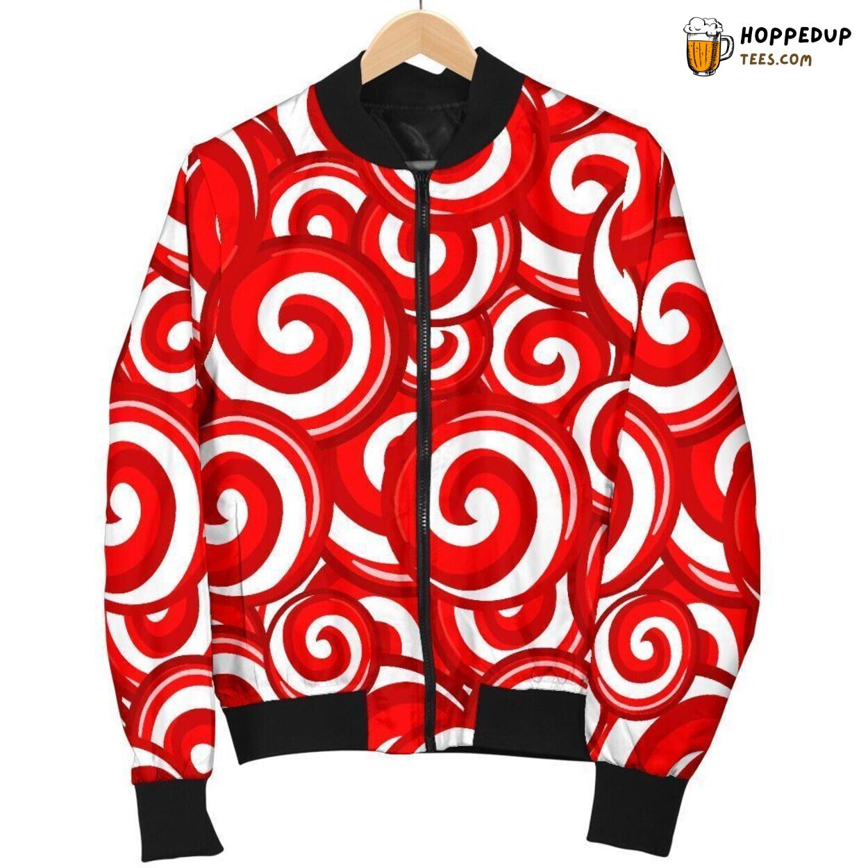 Men’s Bomber Jacket Showcasing Festive Candy Cane Unique Pattern Display Men’s Bomber Jacket Showcasing Festive Candy Cane Unique Pattern Display