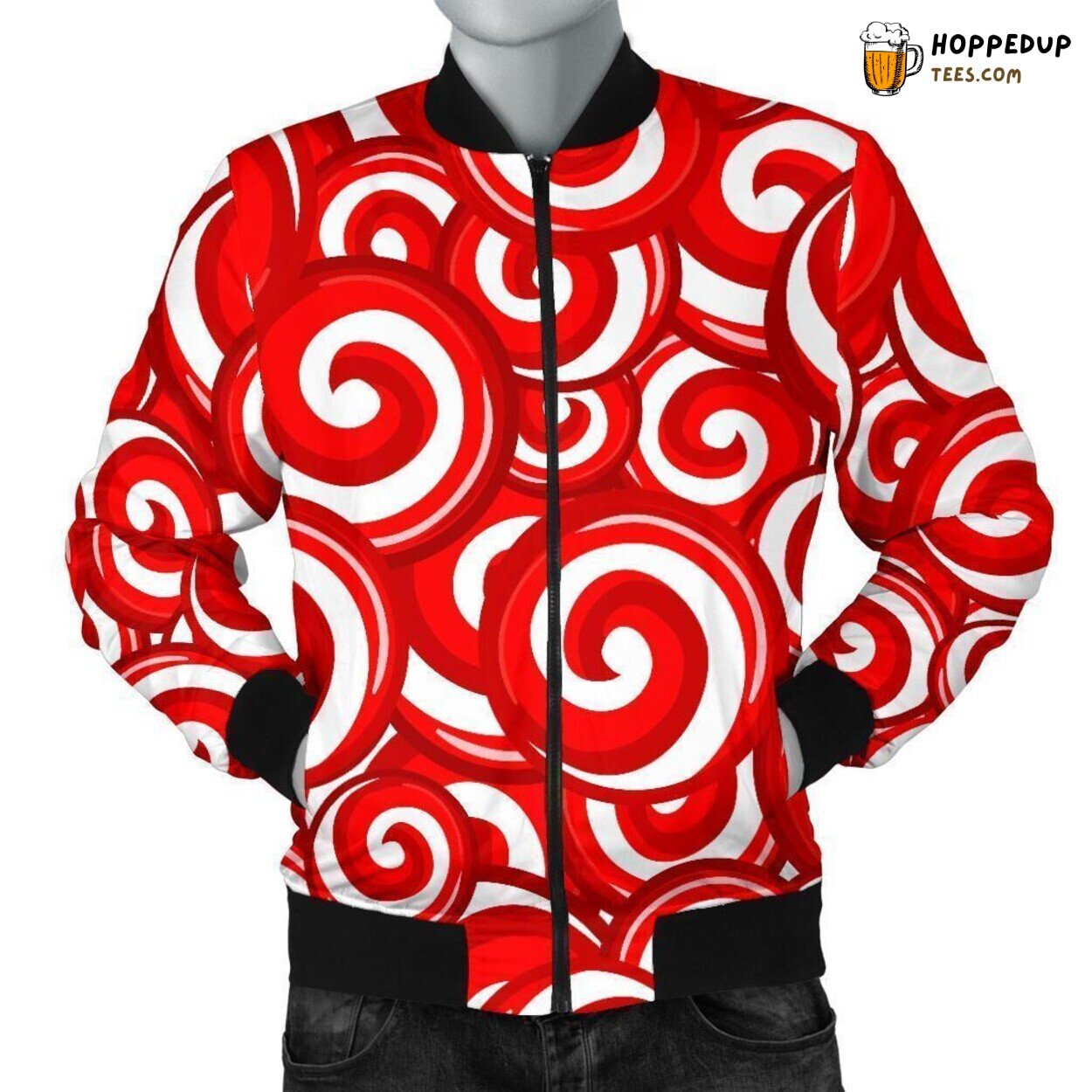 Men’s Bomber Jacket Showcasing Festive Candy Cane Unique Pattern Display