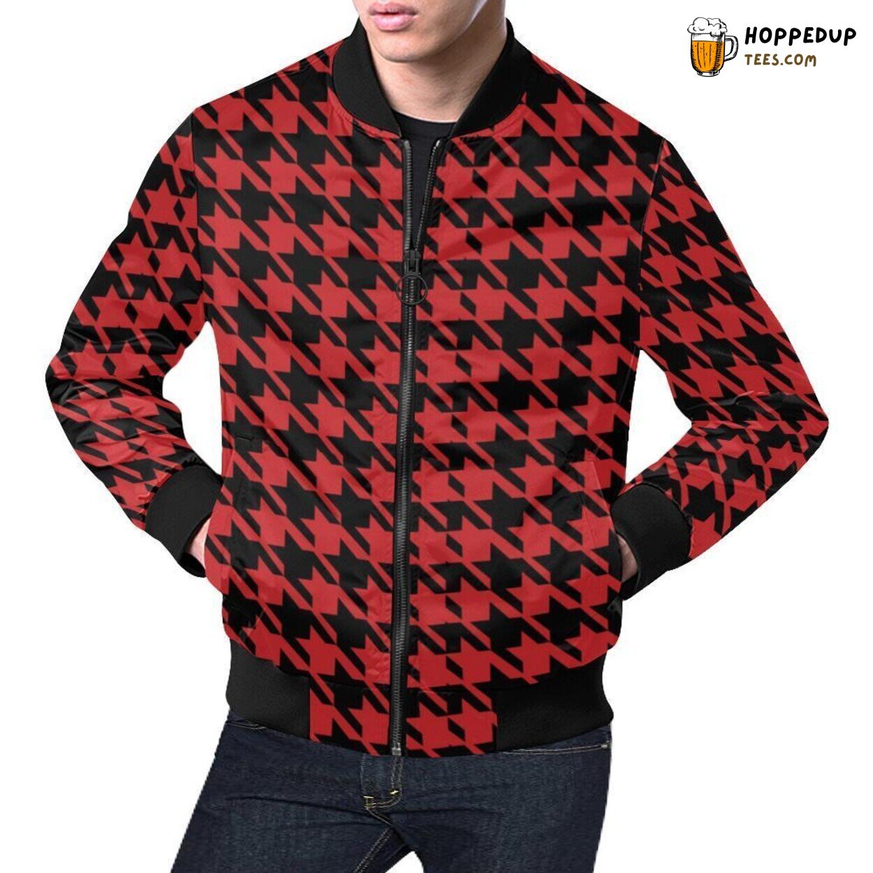 Men’s Bomber Jacket Showcasing Houndstooth Print Pattern Trend