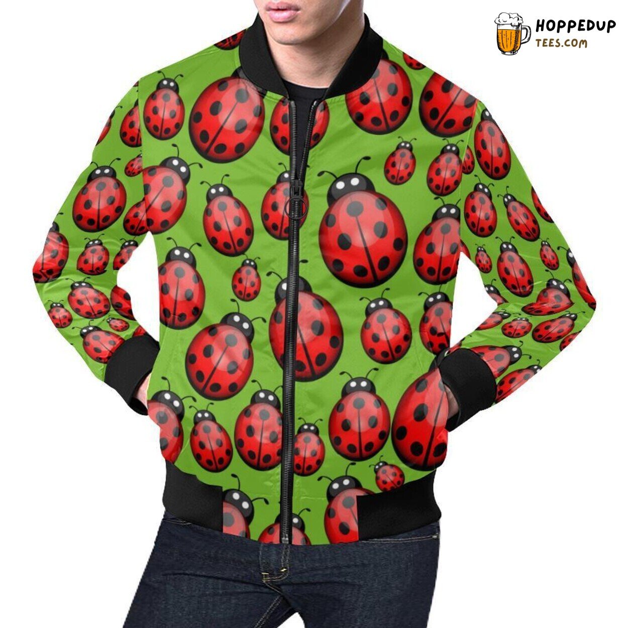 Men’s Bomber Jacket Showcasing Ladybug Print Pattern Design