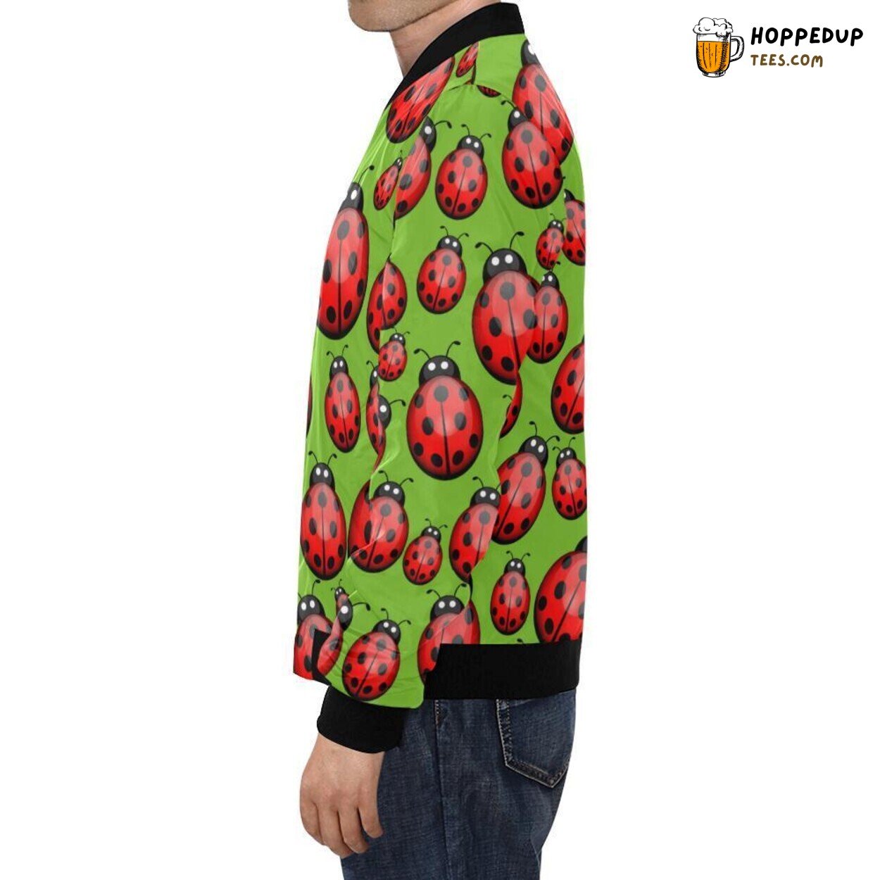 Men’s Bomber Jacket Showcasing Ladybug Print Pattern Design