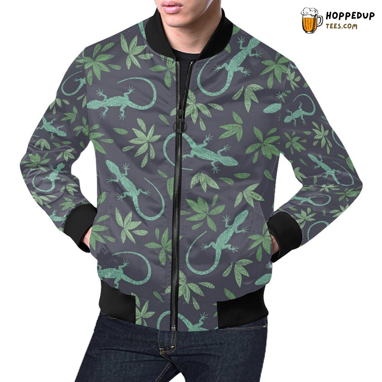 Men’s Bomber Jacket Showcasing Lizard Leaf Pattern Print Design
