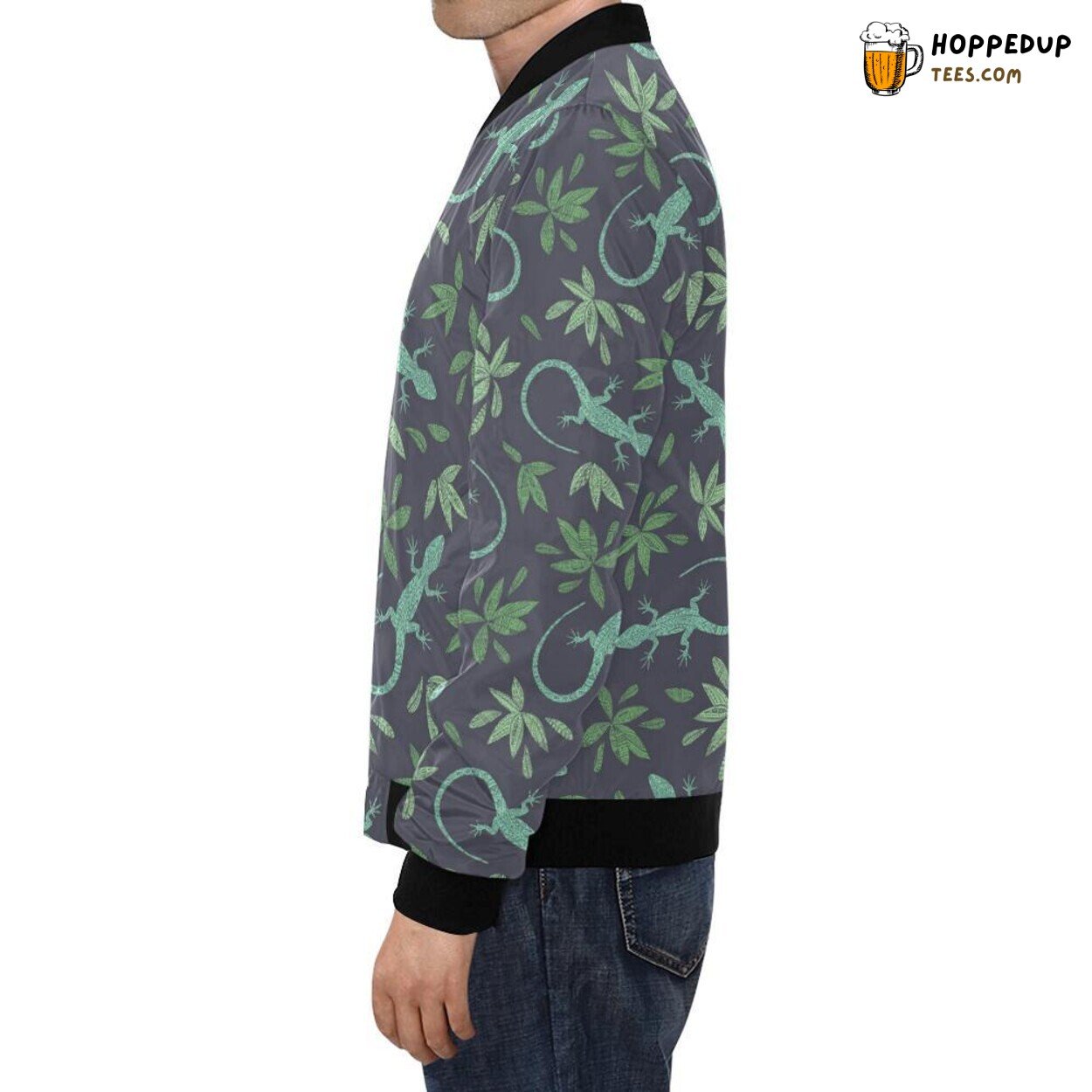 Men’s Bomber Jacket Showcasing Lizard Leaf Pattern Print Design