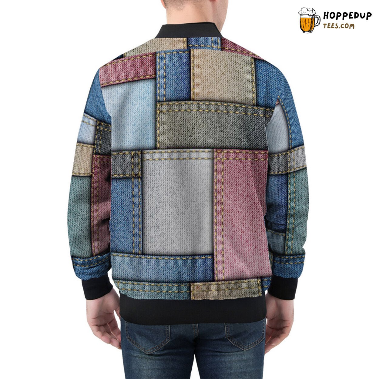 Men’s Bomber Jacket Showcasing Masterful Denim Patchwork Craftsmanship
