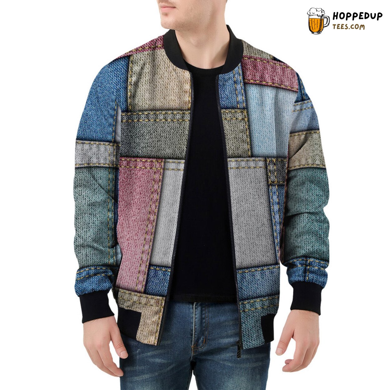 Men’s Bomber Jacket Showcasing Masterful Denim Patchwork Craftsmanship