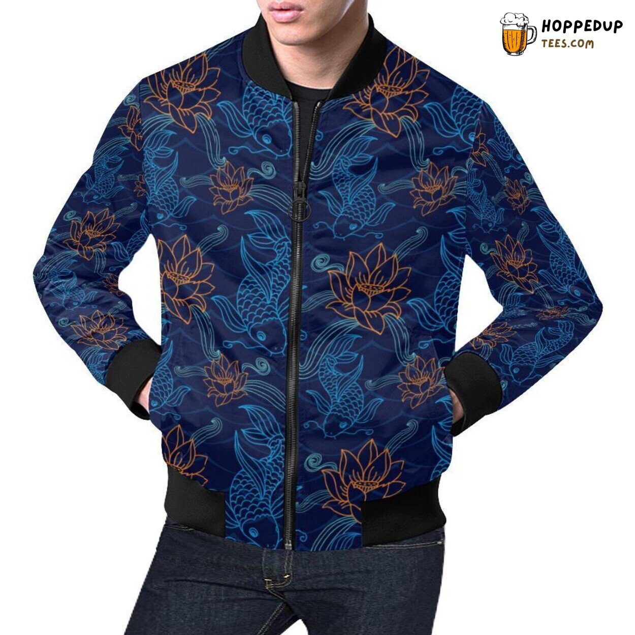 Men’s Bomber Jacket Showcasing Unique Koi Fish Print Pattern Design