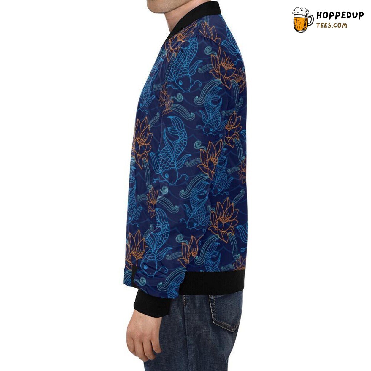 Men’s Bomber Jacket Showcasing Unique Koi Fish Print Pattern Design
