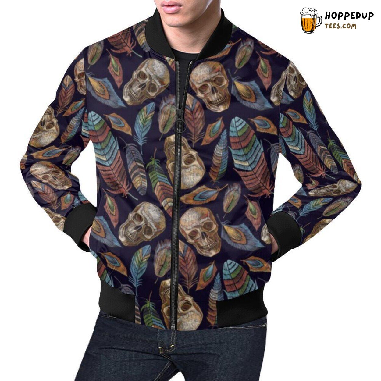 Men’s Bomber Jacket Sugar Skull Skeleton Girly Feather Boho Artistic Design