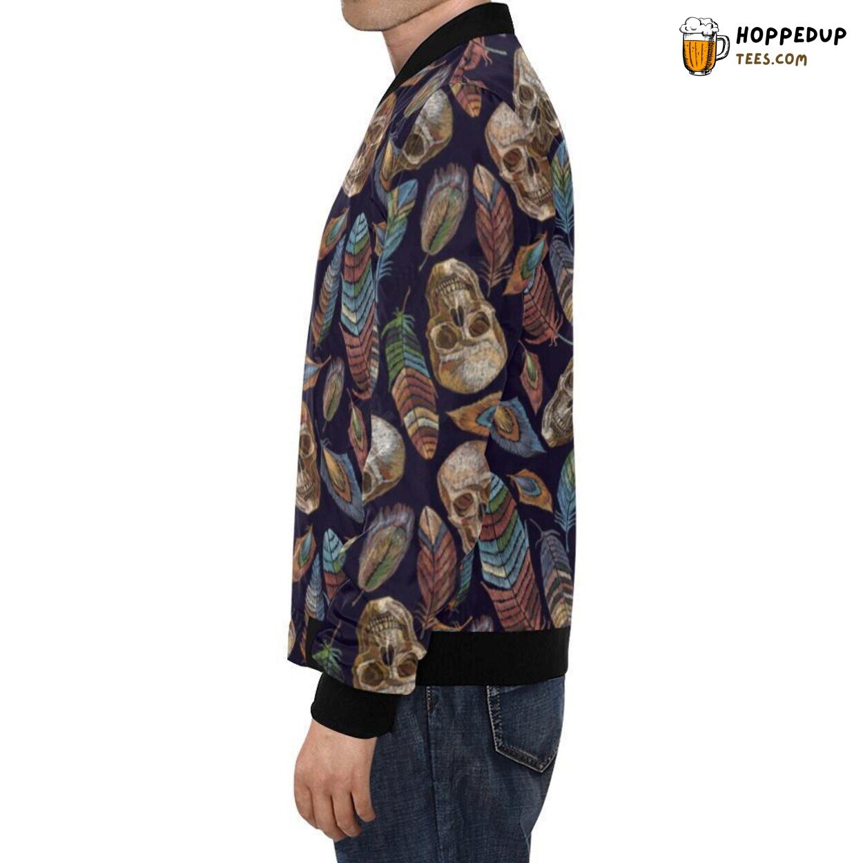 Men’s Bomber Jacket Sugar Skull Skeleton Girly Feather Boho Artistic Design