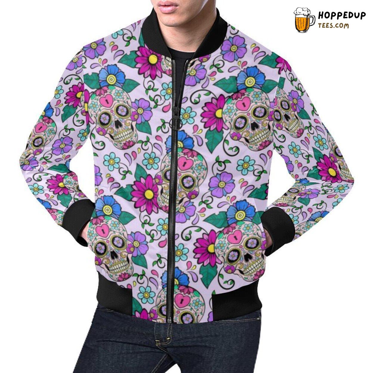 Men’s Bomber Jacket Sugar Skull Skeleton Girly Floral Exclusive Pattern