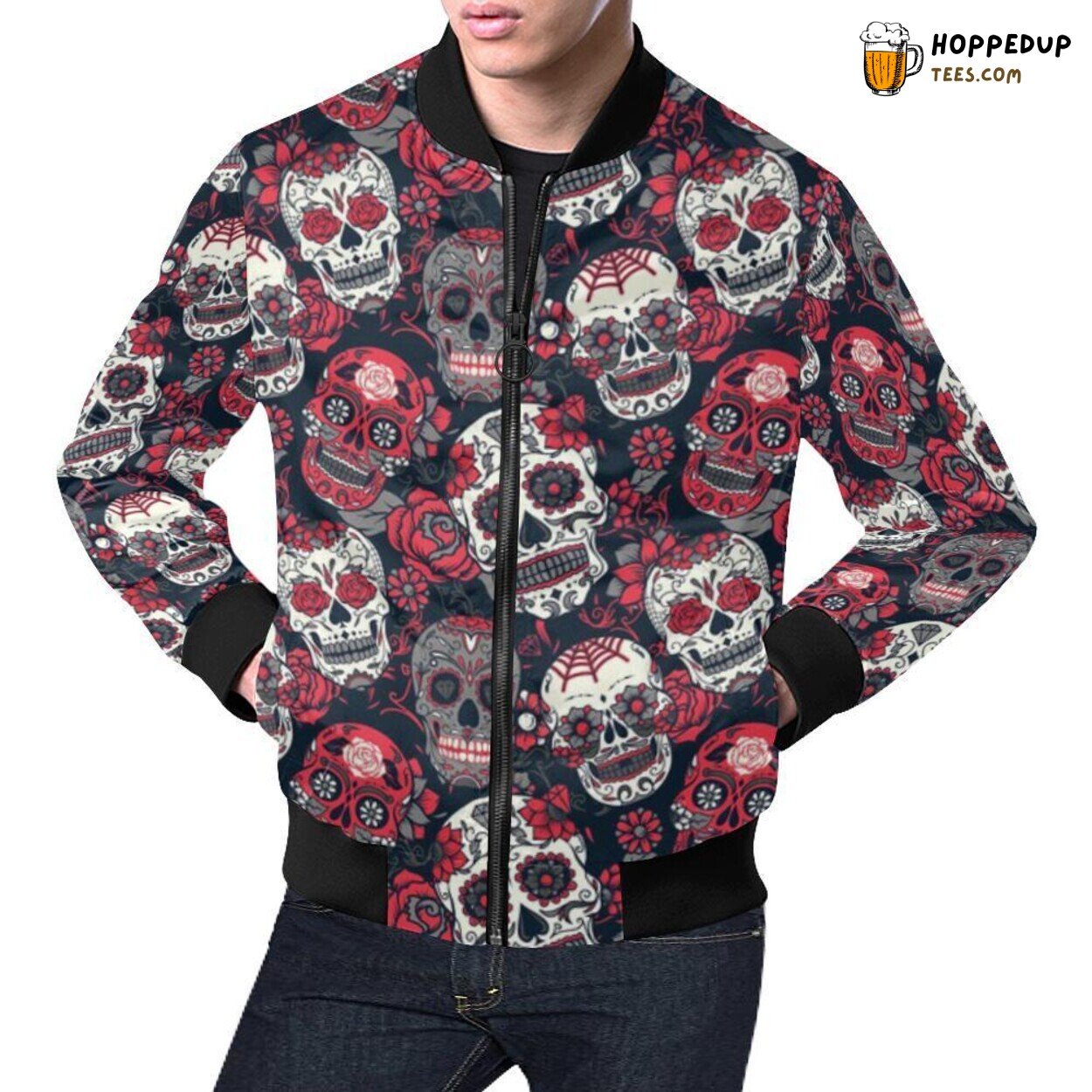 Men’s Bomber Jacket Sugar Skull Skeleton Girly Rose Floral Print