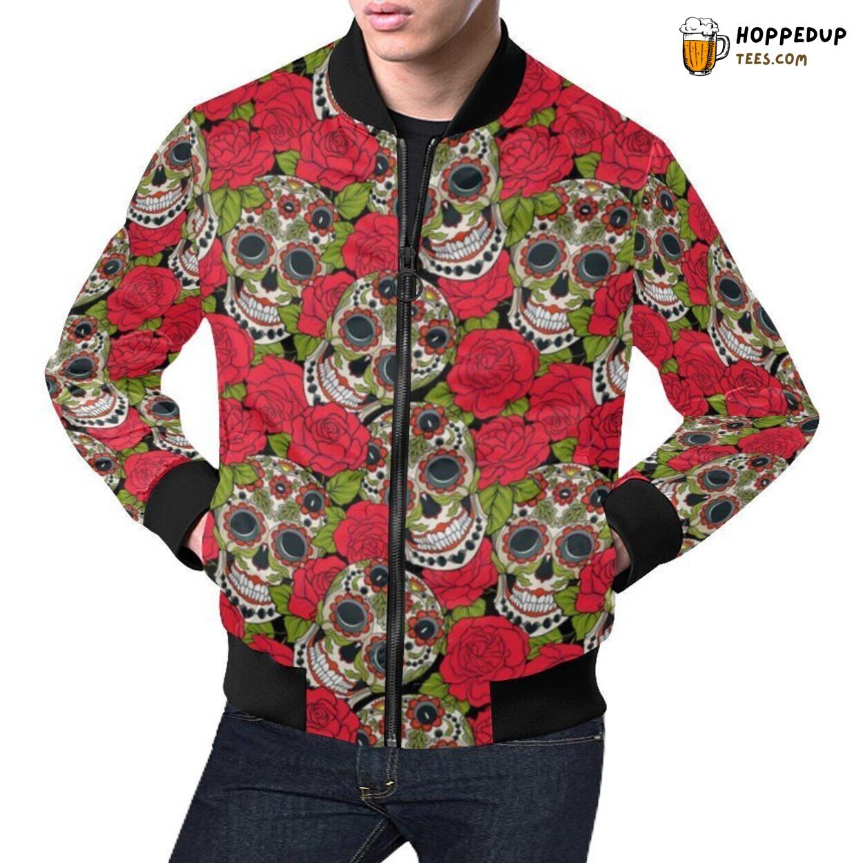 Men’s Bomber Jacket Sugar Skull Skeleton Girly Rose Floral Unique Artwork