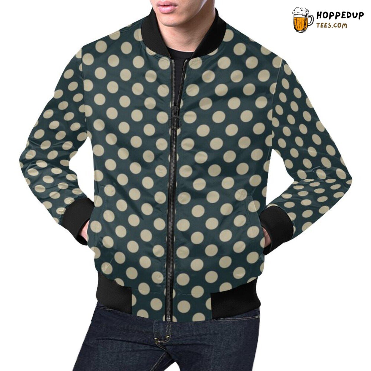Men’s Bomber Jacket Vintage Navy Blue White Polka Dot Pattern