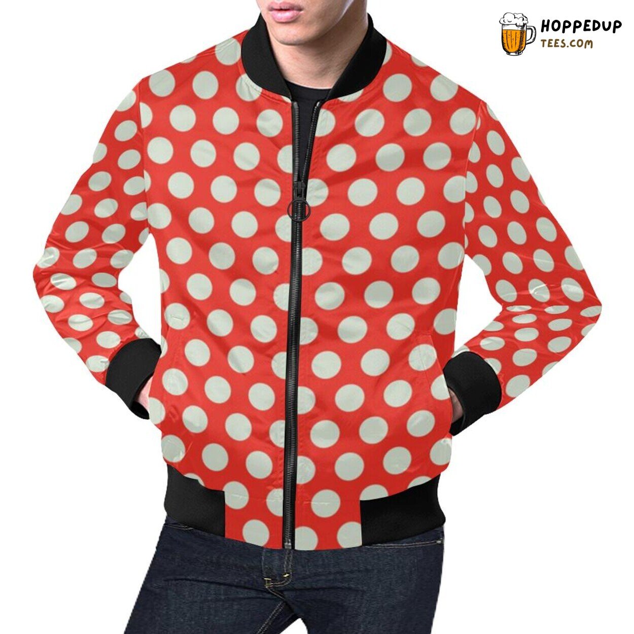 Men’s Bomber Jacket Vintage Red White Polka Dot Pattern Print
