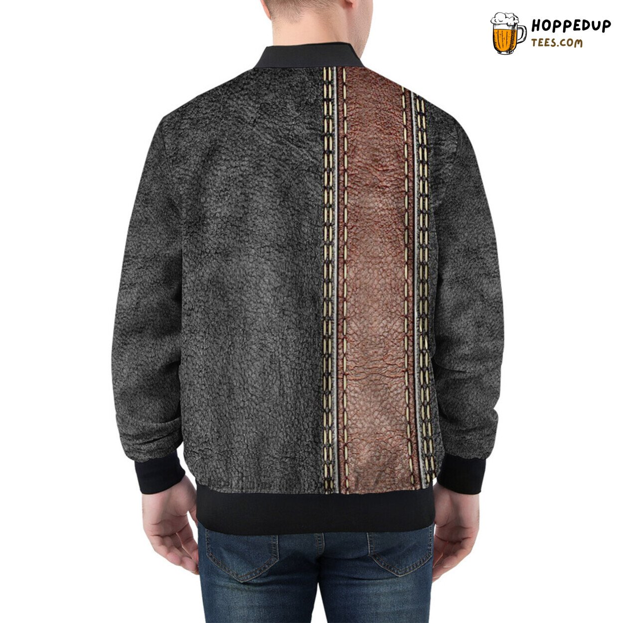 Men’s Bomber Jacket with a Brown Leather Texture Stripe Design