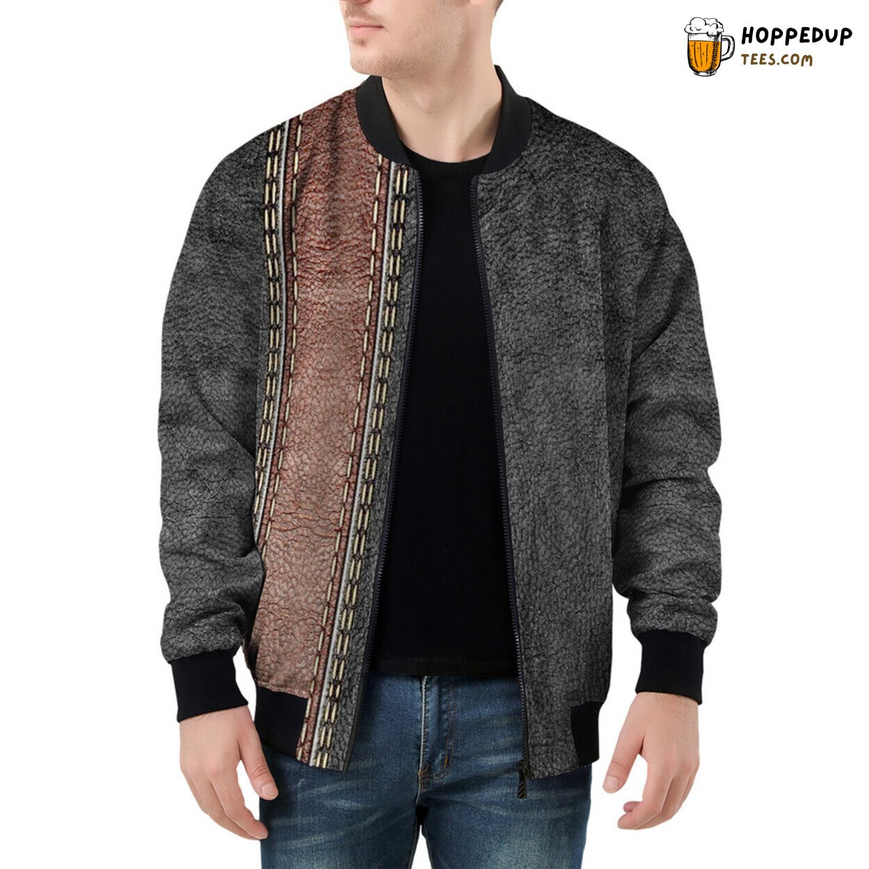 Men’s Bomber Jacket with a Brown Leather Texture Stripe Design