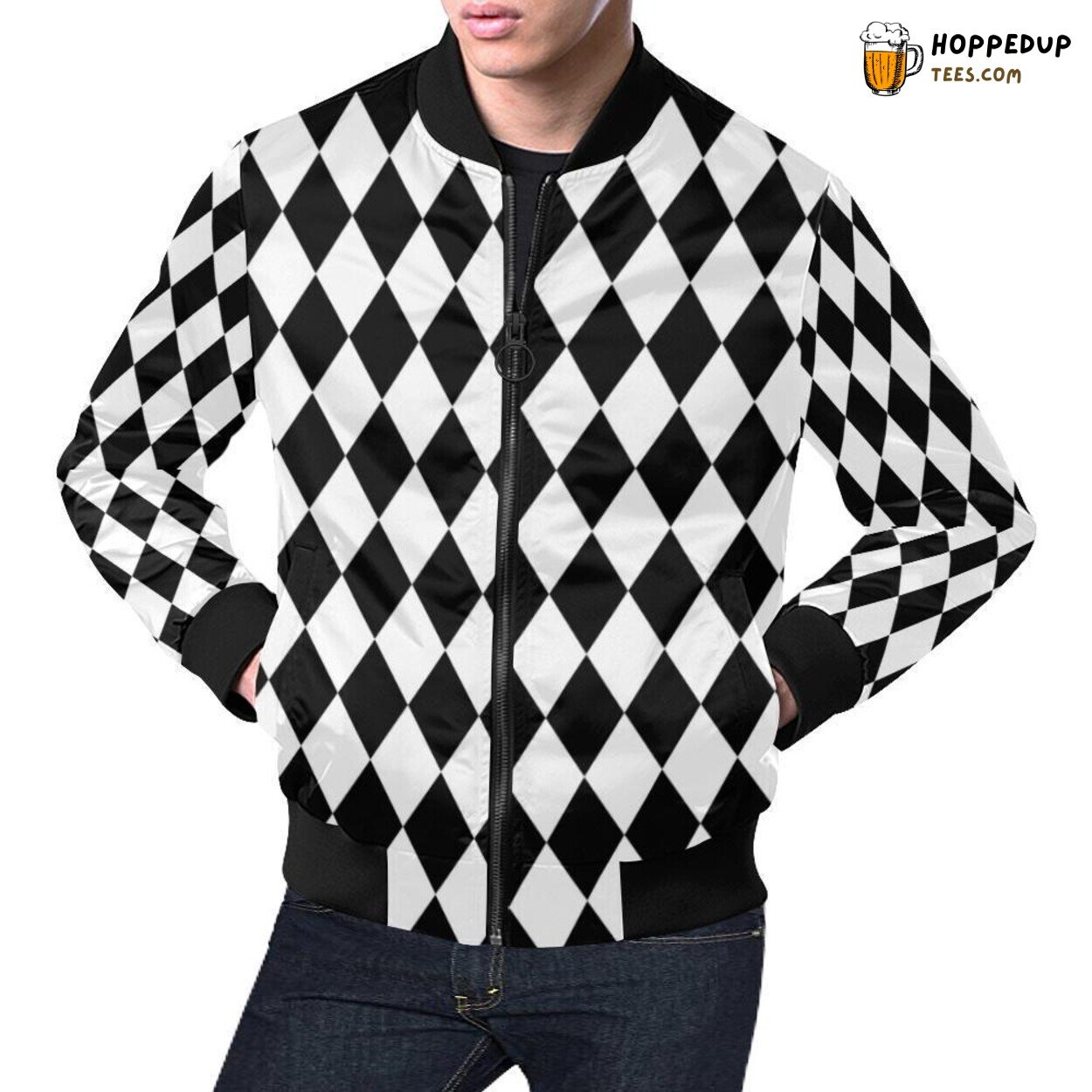 Men’s Bomber Jacket with a Chic Harlequin Pattern Print Design