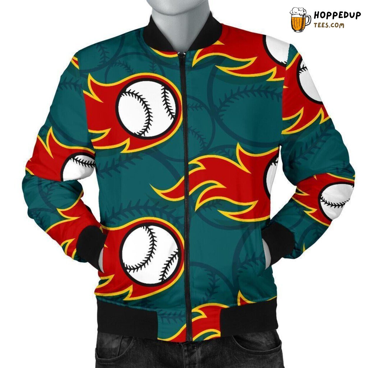 Men’s Bomber Jacket with a Fiery Baseball Pattern Print Design