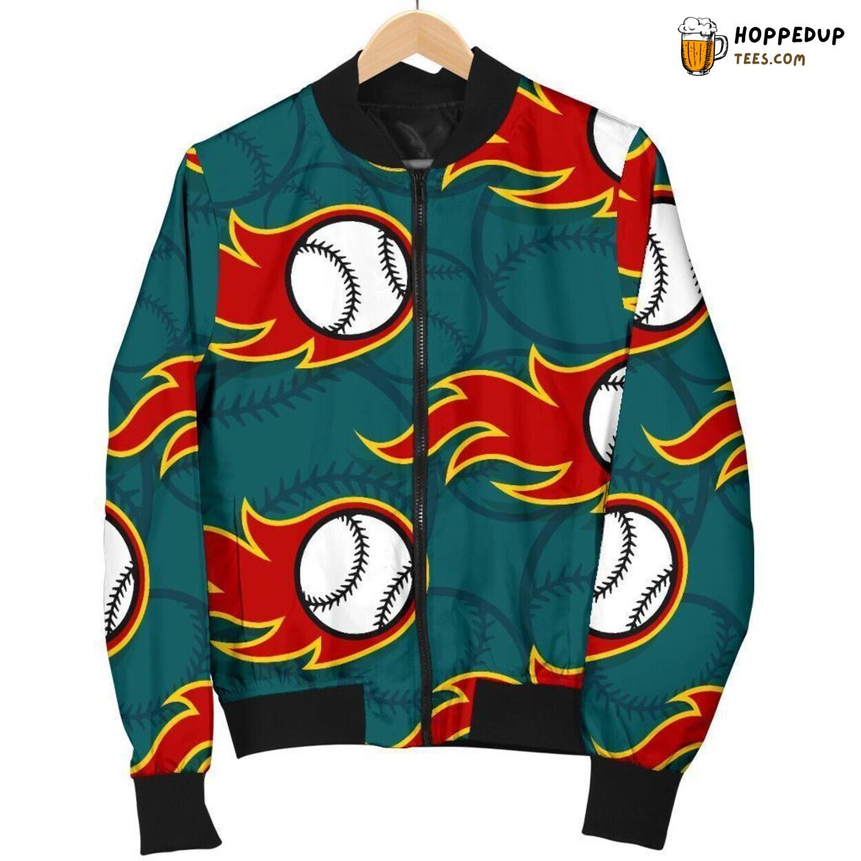 Men’s Bomber Jacket with a Fiery Baseball Pattern Print Design
