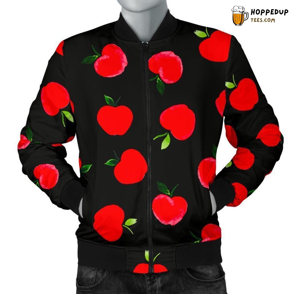 Men’s Bomber Jacket with a Red Apple Pattern Print Design