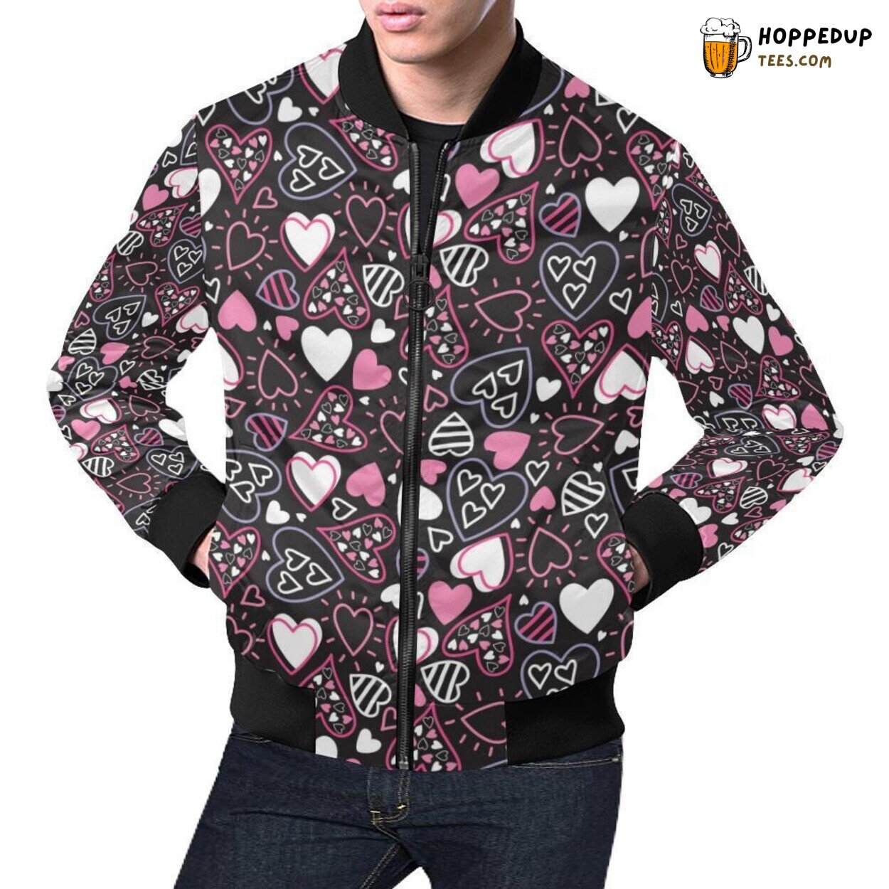 Men’s Bomber Jacket with a Trendy Heart Pattern Print Design