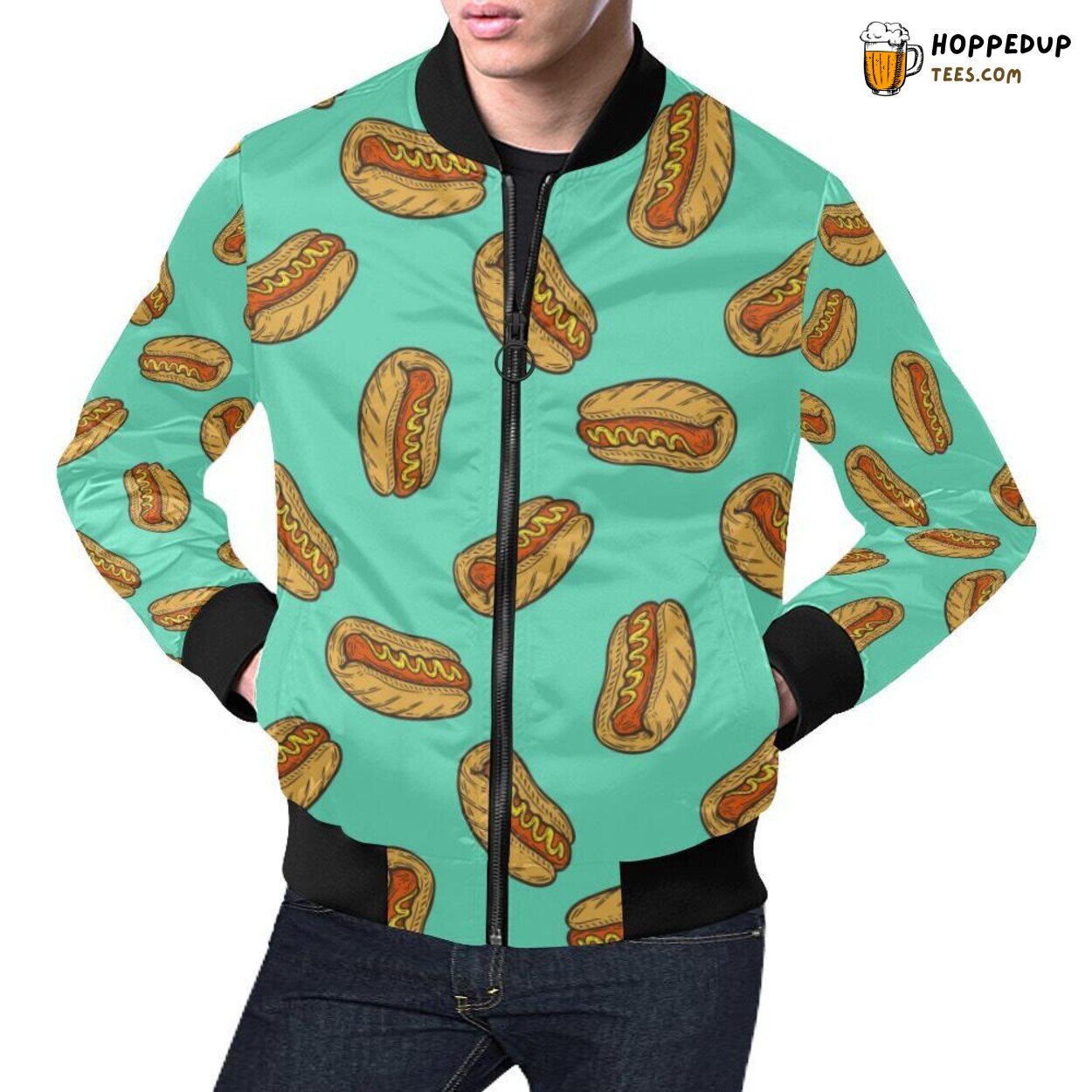 Men’s Bomber Jacket with a Unique Green Hot Dog Pattern Print Design