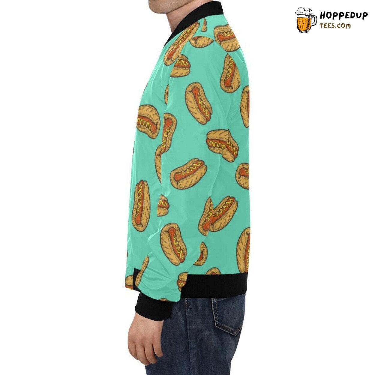Men’s Bomber Jacket with a Unique Green Hot Dog Pattern Print Design