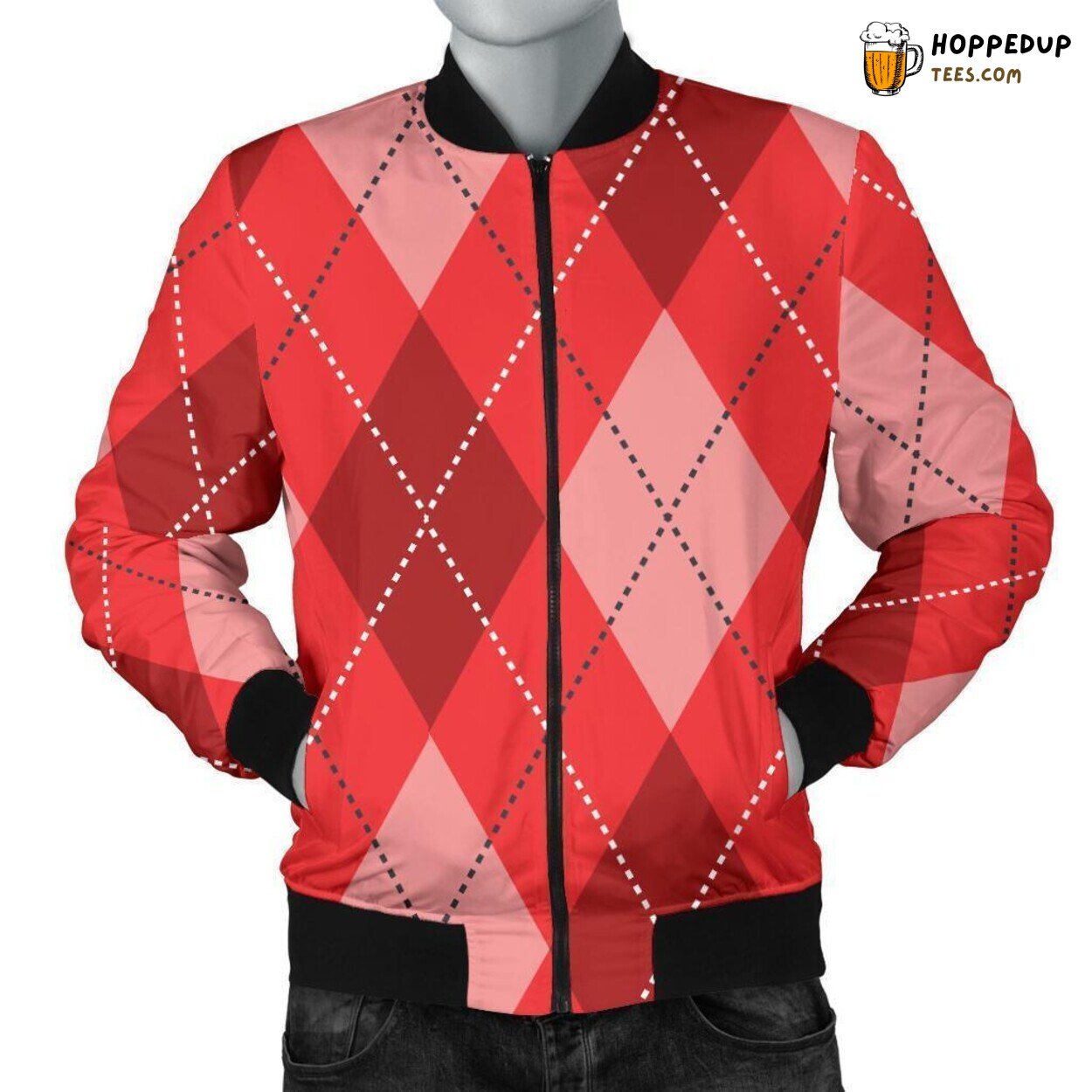 Men’s Bomber Jacket with a Unique Red Argyle Pattern Print